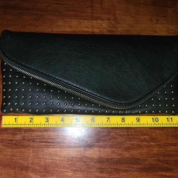 JustFab Black & Gold Studded PU Vegan Leather Clutch Fold Over Biker Punk Goth - Picture 11 of 12